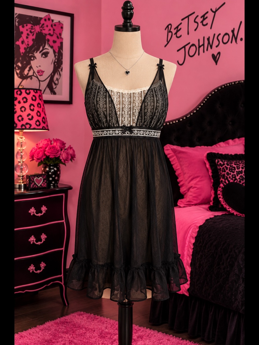 Betsey Johnson Black Lace & White Inset Babydoll Chemise